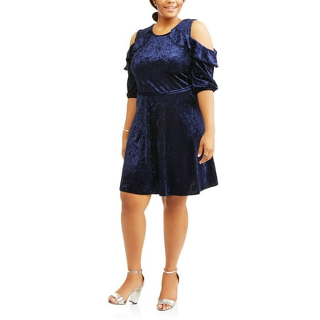 Juniors' Plus 3/4 Ruffle Cold Shoulder Velvet Dress With Self Belt