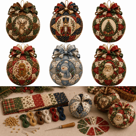 Christmas Classics Patchwork Ornament DIY Kit, Fabric Christmas Ornament Craft Kit with Materials and Instructions, Handmade Holiday Tree Decoration Project for Adults Beginners Gift Making, A