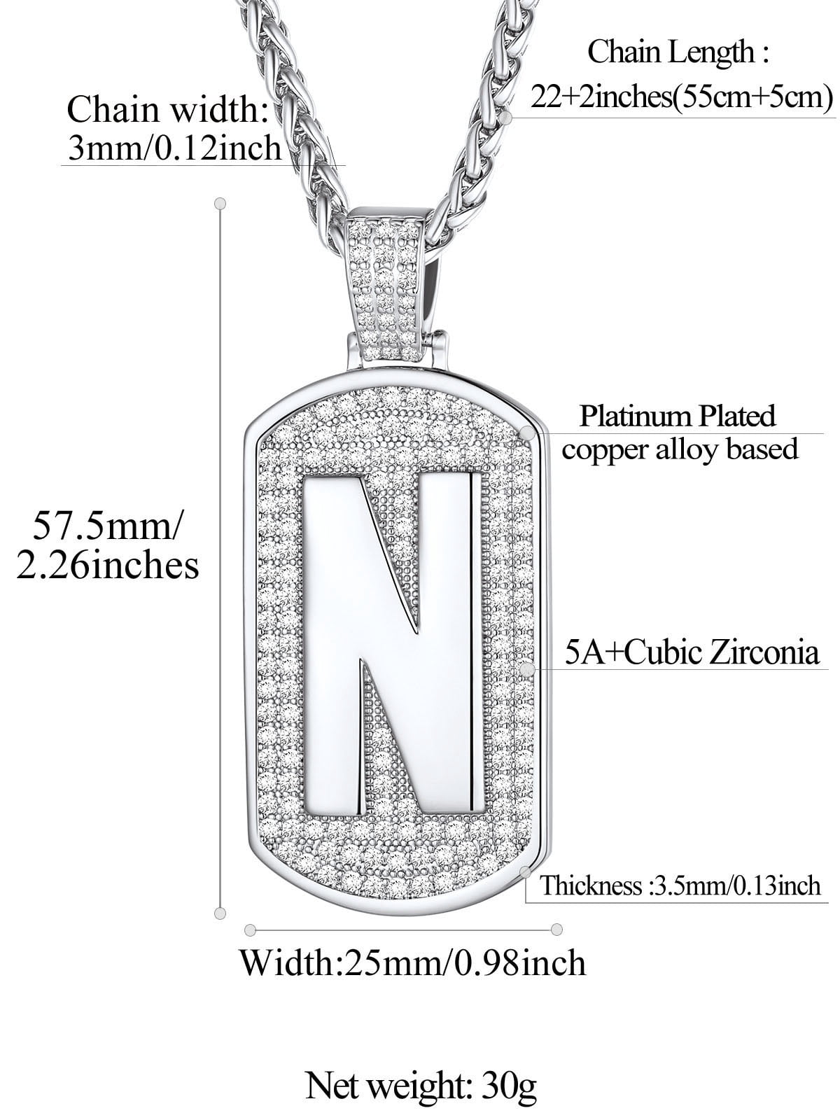 FindChic Dog Tag Necklaces for Men Women Initial Letter N Pendant Cubic Zirconia Platinum Plated Birthday Christmas Jewelry Gifts for Him Husband