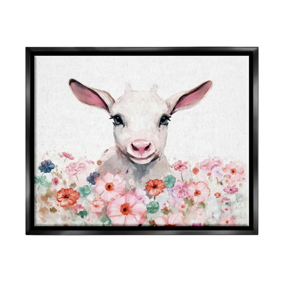 Stupell Industries Baby Sheep & Pink Flowers Animals & Insects Painting Black Floater Framed Canvas Art Print Wall Art, 21 x 17