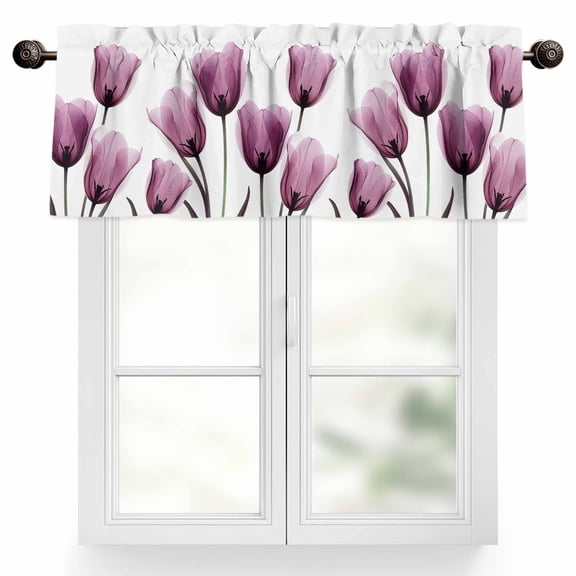 Purple Tulip Valances for Windows, 54 x 18in, Flower Transparent Floral Rod Pocket Kitchen Valance Curtain Light Filtering Window Treatments for Living Room Bedroom, 1 Panel