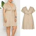 thumbnail image 2 of Ruyang Women Solid Color Dress Casual Short Sleeve V Neck High Waist Beach Mini Dresses With Belt Dress Formal Dresses for Women plus, 2 of 7