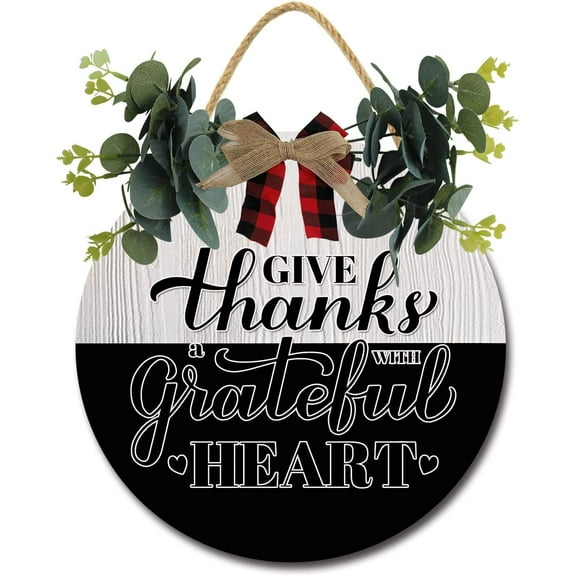 Eveokoki 12" Rustic Sign Give Thanks With A Grateful Sign Door Decor Wooden Front Door Hanger Wall Art Door Hanging Fall Winter Farmhouse Indoor Outdoor Home Porch Yard Decor