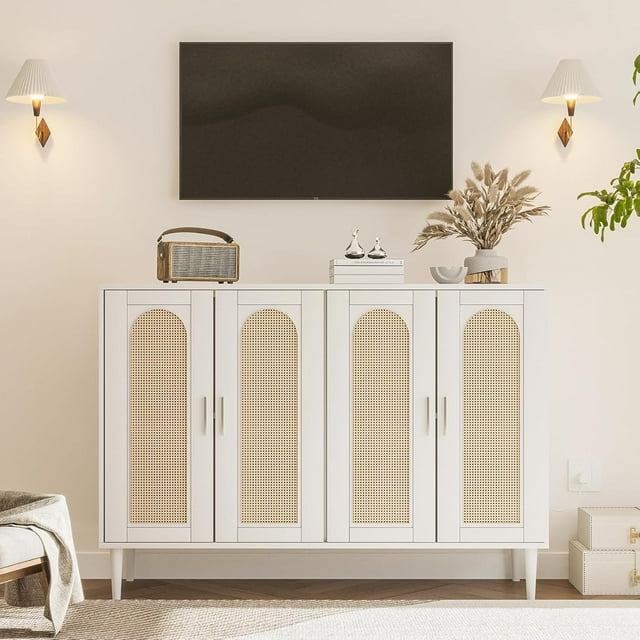 Yiwa Rattan Coffee Bar Console Table, Multi-Function Storage Sideboard with Power Outlet and Adjustable Shelves for Dining Room
