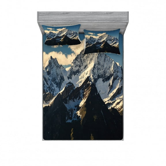 Ambesonne Nature Fitted Sheet & Pillow Sham Set, View of Alps Mountain, Queen, White Black Blue