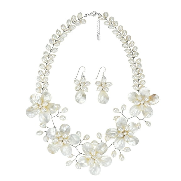 White Floral Pearl Necklace Earrings Fancy Jewelry Set