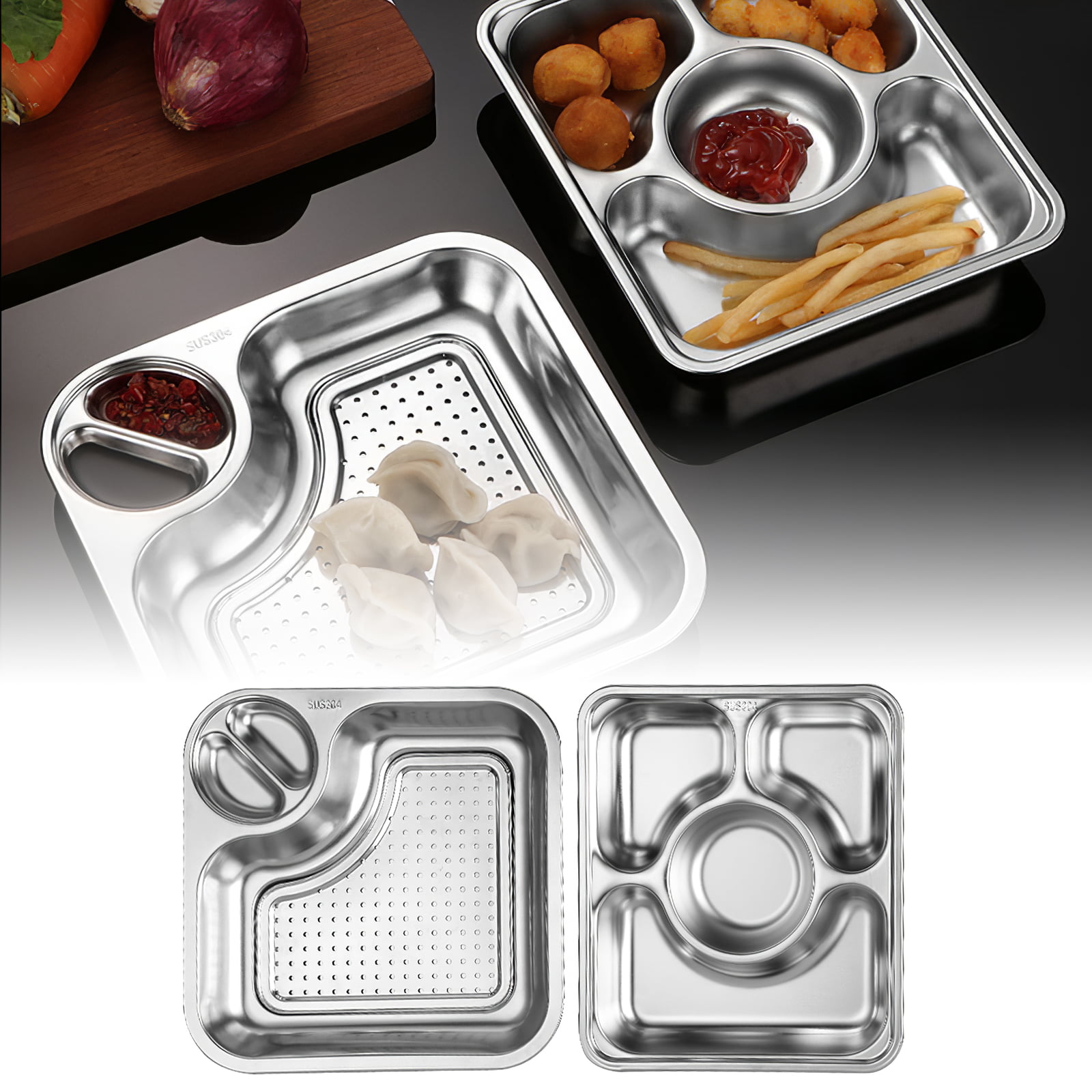 Camping WhopperIndia Heavy Duty Stainless Steel Rectangle/Square Deep Dinner Plate w/5 Sections Divided Mess Trays for Kids Lunch Events & Every Day Use 34 cm Each 