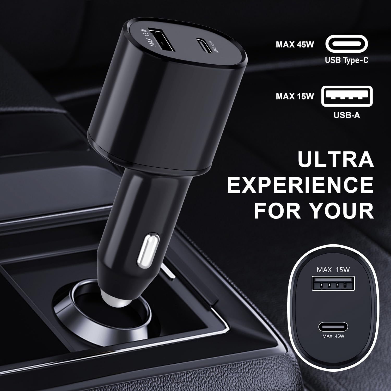 Samsung Super Fast Dual Car Charger (45W+15W) Dual Ports USB-C & USB-A with C-C 6.6ft Cable for Samsung S25 Ultra/S24 Ultra/S23 Ultra/S22+/S21/S20,iPad Pro,MacBook- Black