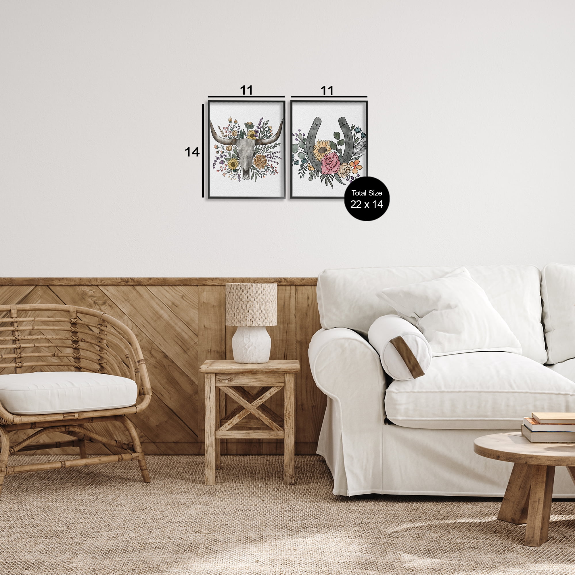 Stupell Industries Boho Longhorn & Horseshoe 2 Piece Black Framed Giclee Art Set, design by Alisha Kiara Design