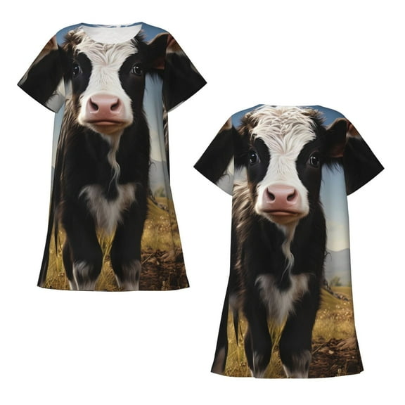 Horeoi Cute Prairie Cow Print Women's Short-sleeved Nightdress Breathable Cotton-like Material Loose A-line Knee-length