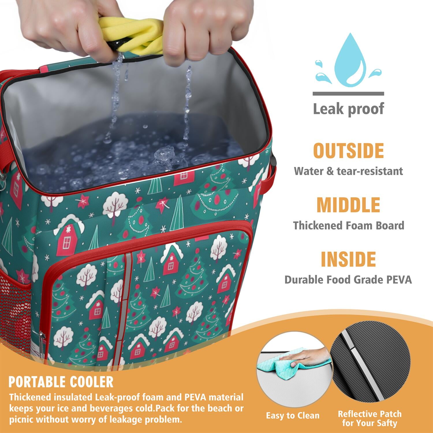 Travel Cooler Bag - Dark Teal Christmas Village Pattern Camping Beer Cooler Backpack with Bottle Opener- Waterproof Insulated Picnic Backpacks - Cooler Bag for Beach