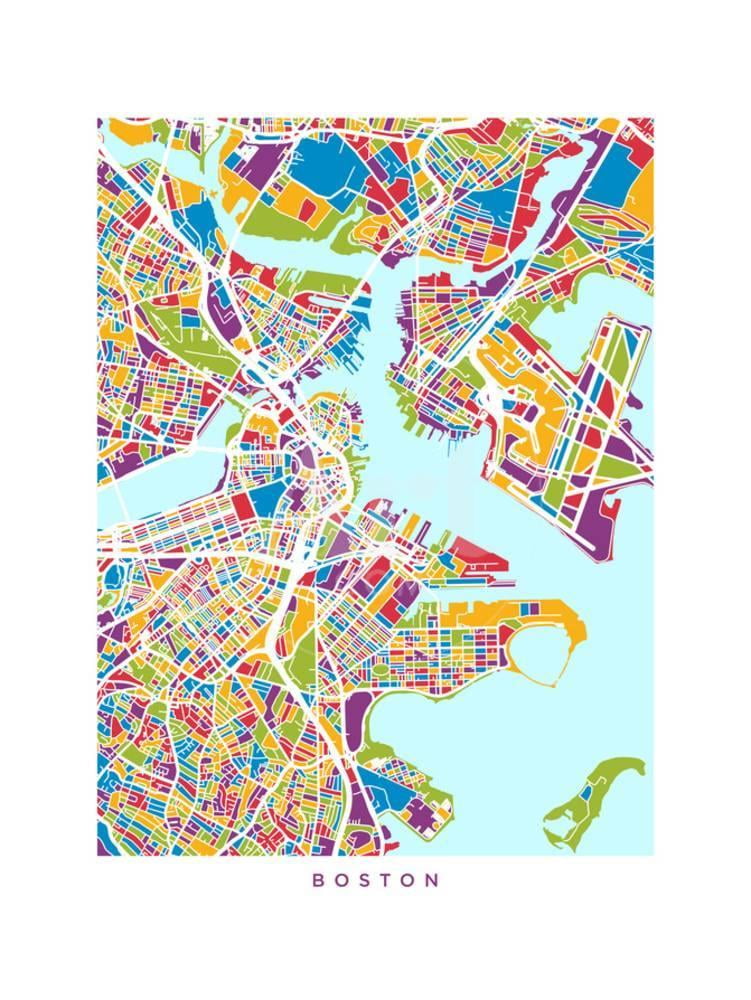 Boston Massachusetts City Street Map, Unframed Art Print Wall Art by