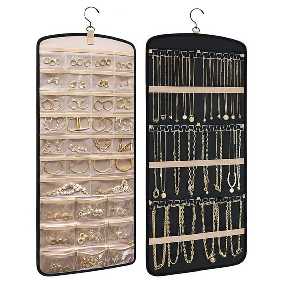Hanging Jewelry Organizer Storage Roll with Hanger Metal Hooks Double-Sided Jewelry Holder for Earrings Necklaces Rings on Closet Wall Door, 1 piece