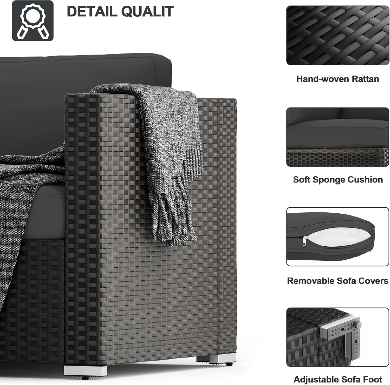 SUNCROWN 7-Piece Outdoor Patio Furniture Sofa Set All-Weather Black Wicker Sectional Conversation Set with Modern Glass Coffee Table and Cushions (Grey)