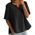 thumbnail image 4 of Womens Summer Cotton Linen Tops V Neck Short Sleeve Shirts Loose Casual Comfy Embroidered T Shirts S-4XL, 4 of 8