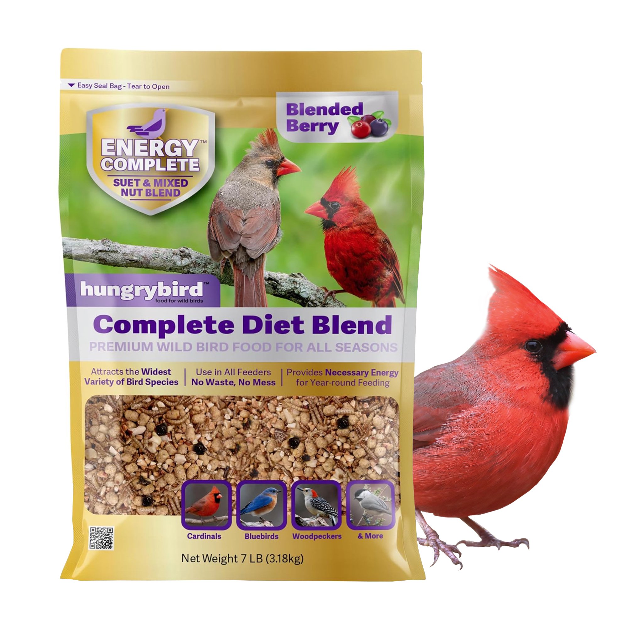 Hungrybird Energy Complete Diet, 7lb - All-Season Blended Berry Suet & Mixed Nut Blend for Wild Birds