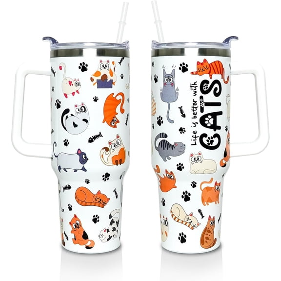 Funny Cat 40 Oz Tumbler Gift, Life Is Better With Cats Insulated Cup, Leak Proof Travel Mug Tumblers with Lid and Straw, Cat Lover Gifts for Women Men