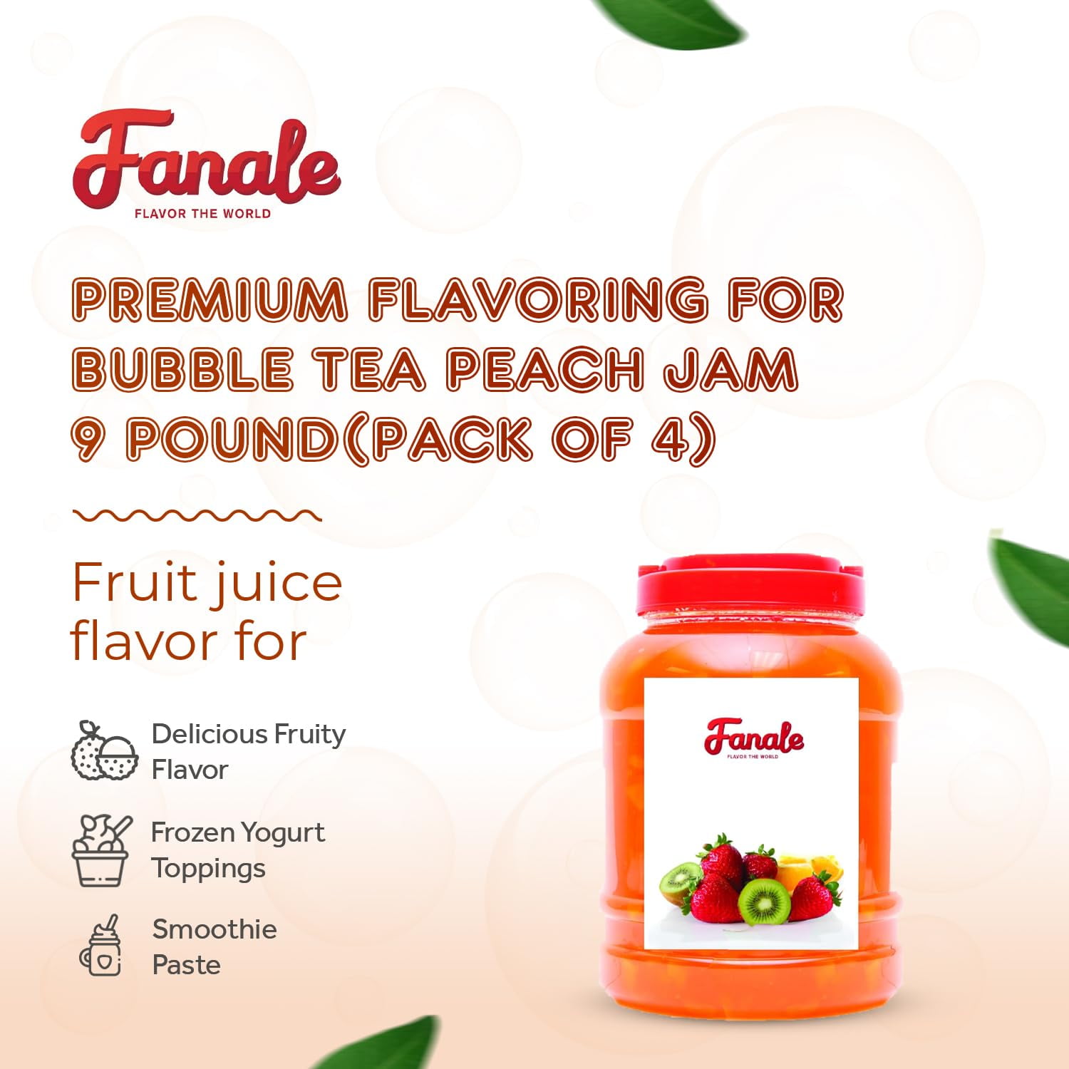Fanale Peach Flavor Fruit Jam for Bubble Tea, Smoothies, Slushes & Desserts, 9 lb Each, Pack of 4, JAM006-CS
