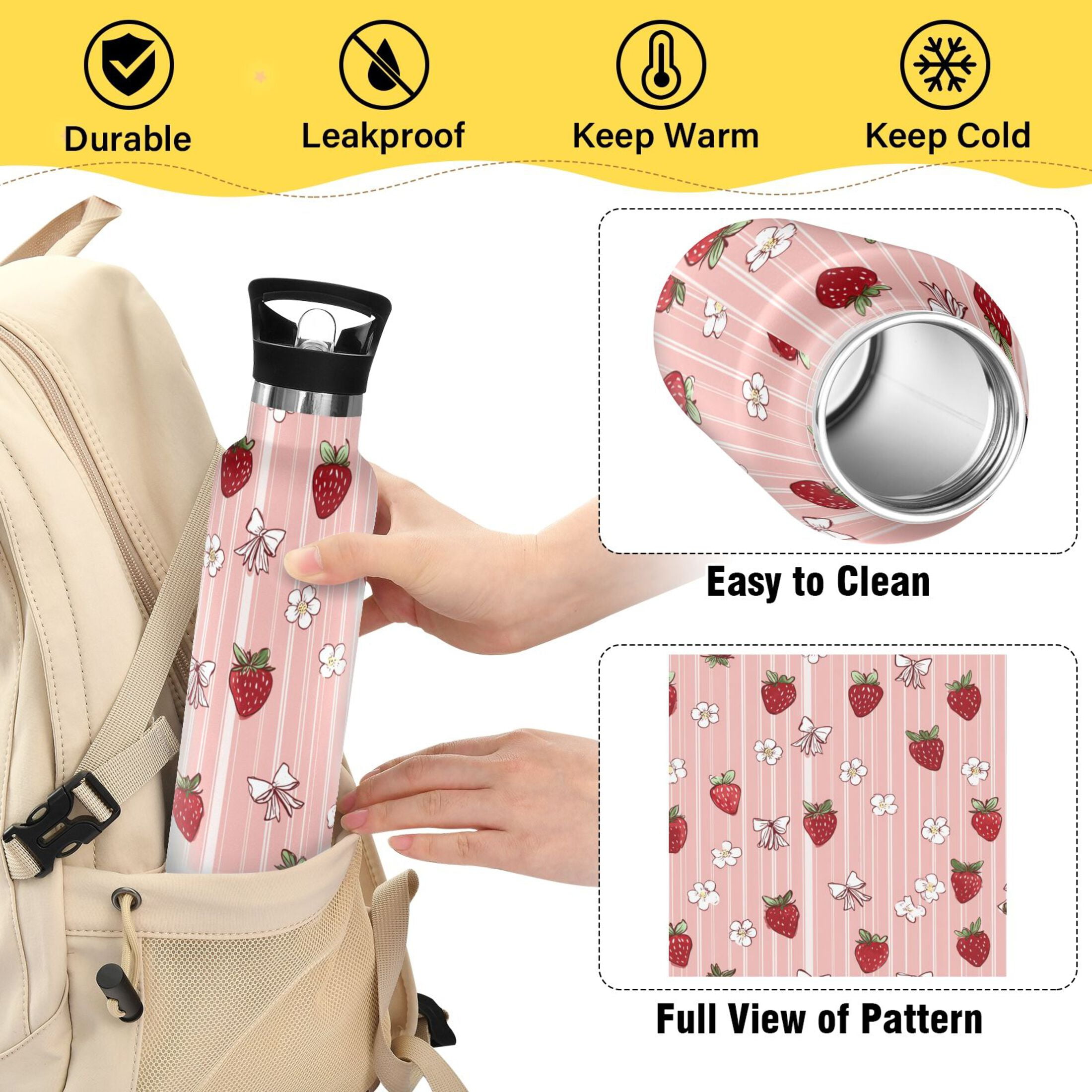 Kids Insulated Stainless Steel Sports Water Bottle 600ml (20oz) Strawberry and Flower