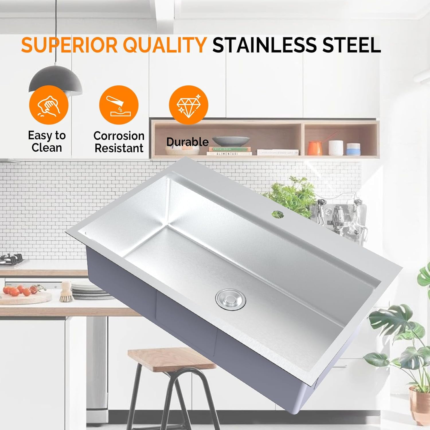 Ktaxon 33 Inch Drop-In Workstation Kitchen Sink, Stainless Steel Deep Single Bowl Utility Sink with Integrated Ledge, Multifunctional Accessories Set, Silver