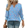 thumbnail image 4 of QQAMB Womens T-Shirts Elegant Casual V-Neck Floral Printed 3/4 Length Sleeve Smocked Cuffs Dressy Blouse T-Shirts Blue S, 4 of 6