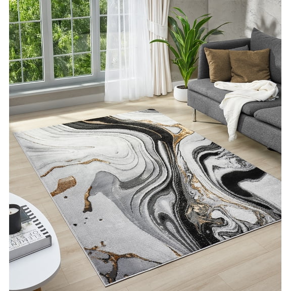 Modern Abstract Marble Area Rug with Gold Lurex Accents, Gray Black, 5x7