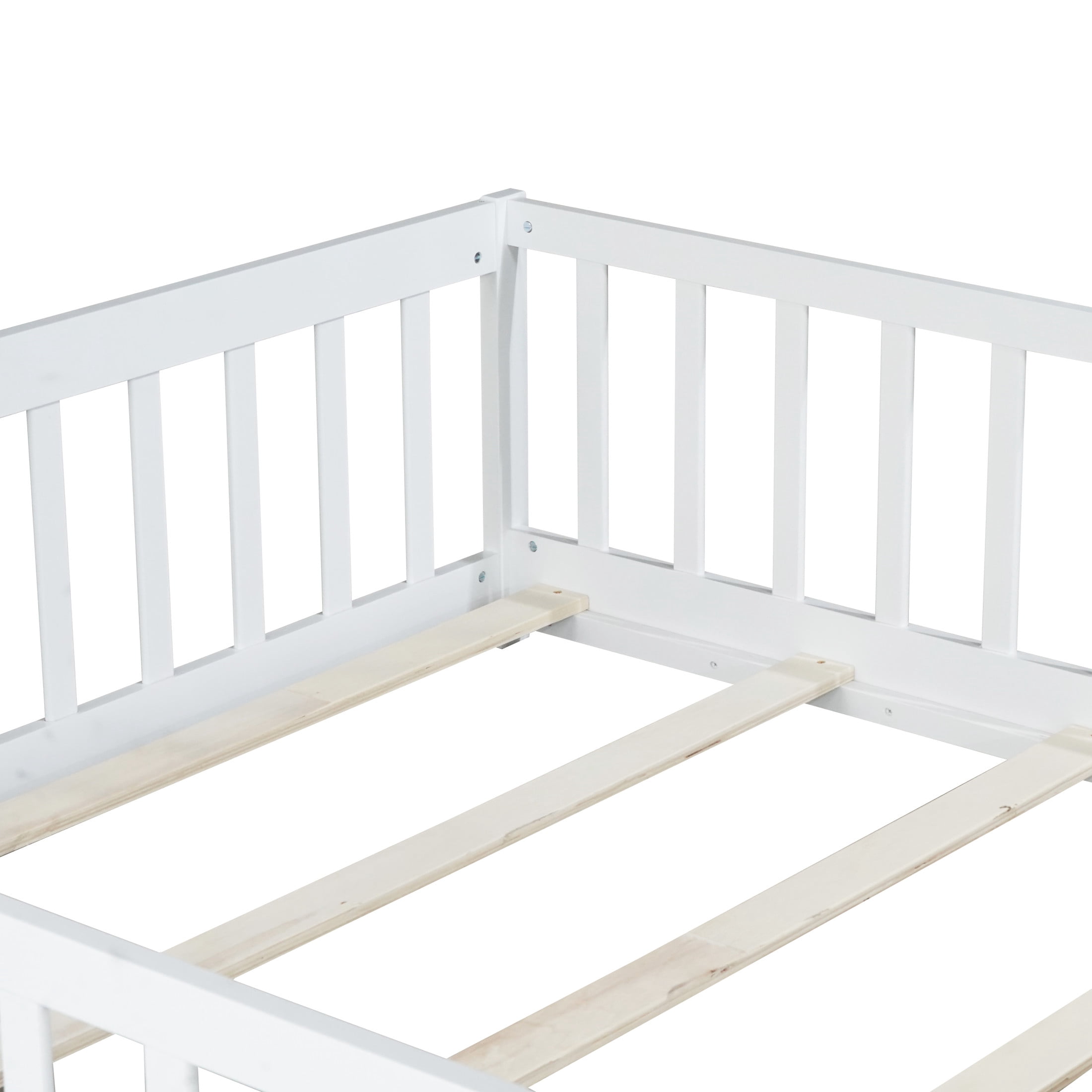 Noble House Mira Full Floor Bed with Fence and Door, Sturdy Rubber Wood Montessori Bed Frame, Kid's Room, White