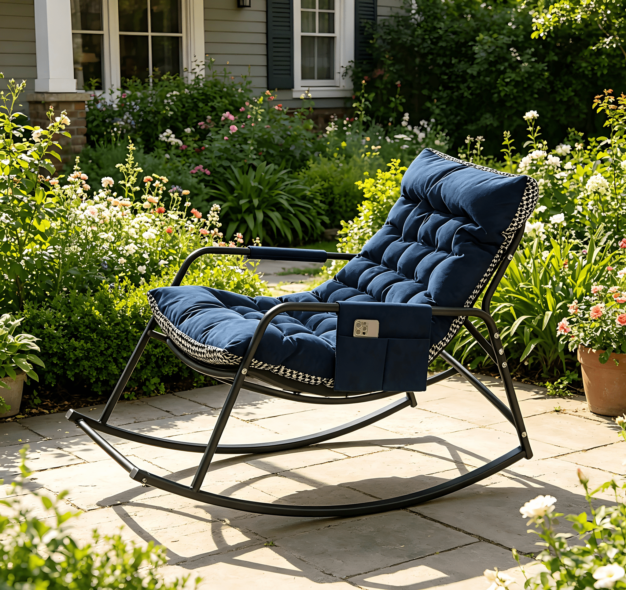 Firmoz Navy Oversized Papasan Rocking Chair, Cushioned Ergonomic with Storage Armrest, All-Weather Breathable for Patio, Living Room, Bedroom
