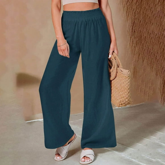 lcziwo Pantalon en Lin pour Femmes Jambes Larges, Pantalon Ample Taille Haute Droit Décontracté Marine,TTG