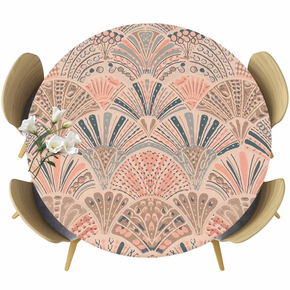 Boho Round Fitted Tablecloth with Elastic Edge, Vintage Ocean Shell Stretch Table Covers for 36"-44" Tables Wipeable Table Cloth for Outdoor