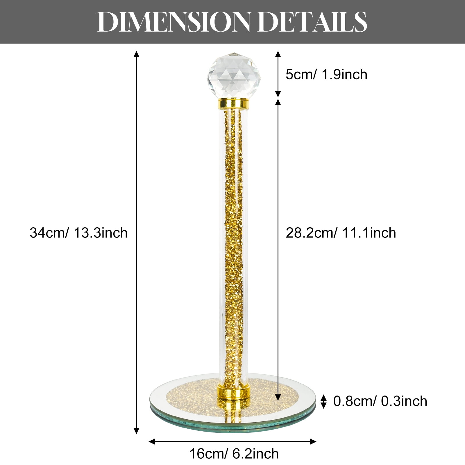 FOUNDLDF Round Base Vertical Paper Towel Holder with Sparkling Crystal Crushed Diamond Accents for Kitchen, Dining Table and Bathroom, Gold