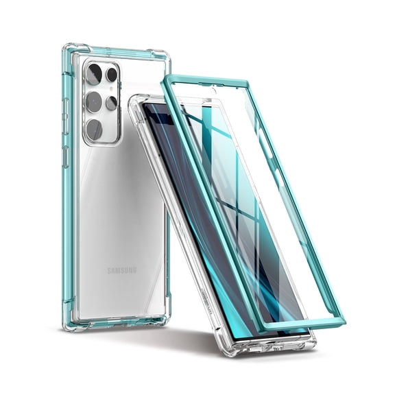 SURITCH for Samsung Galaxy S22 Ultra Clear Case 6.8" (Only), [Built-in Screen Protector] Full Body Protective Hard Shell Soft TPU Phone Case for Samsung S22 Ultra -(Green Edge)