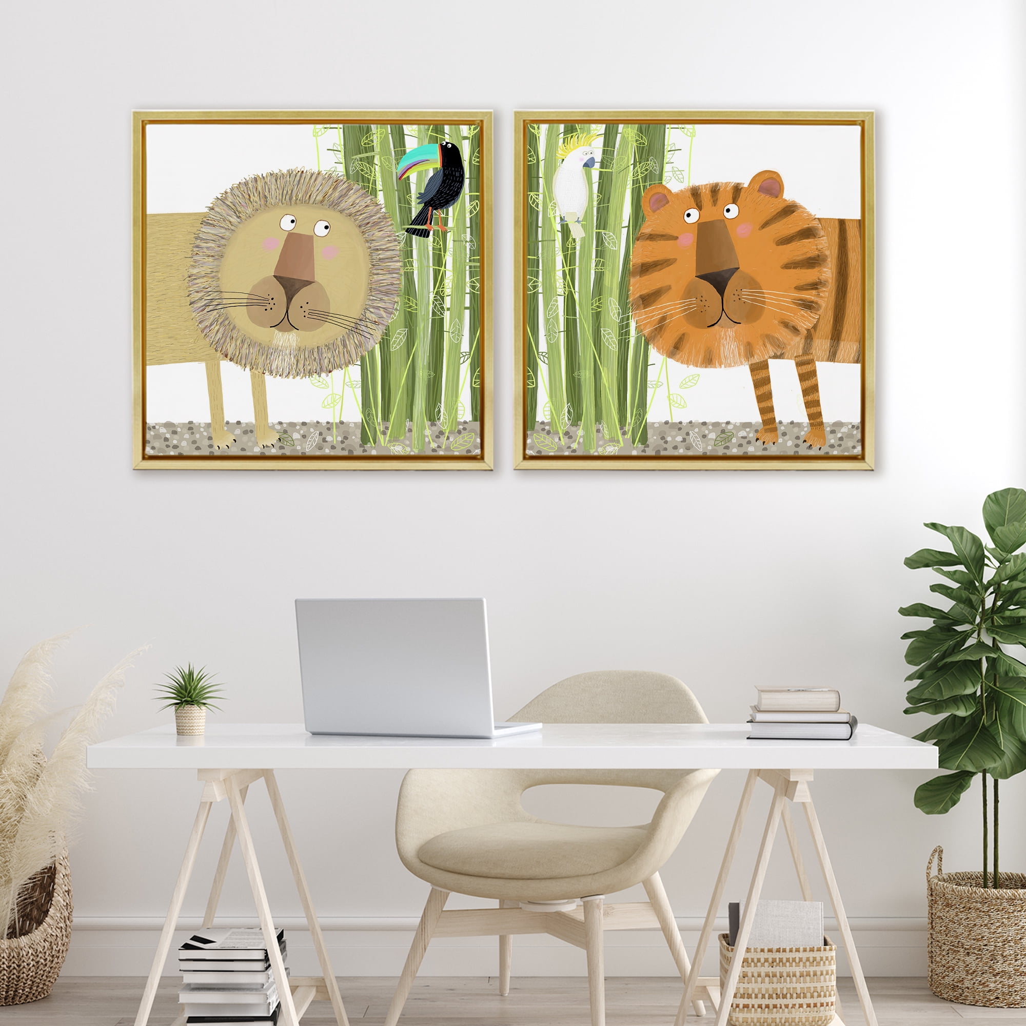 Stupell Industries Bamboo Trees & Animals 2 Piece Gold Framed Floater Canvas Set, design by Carla Daly
