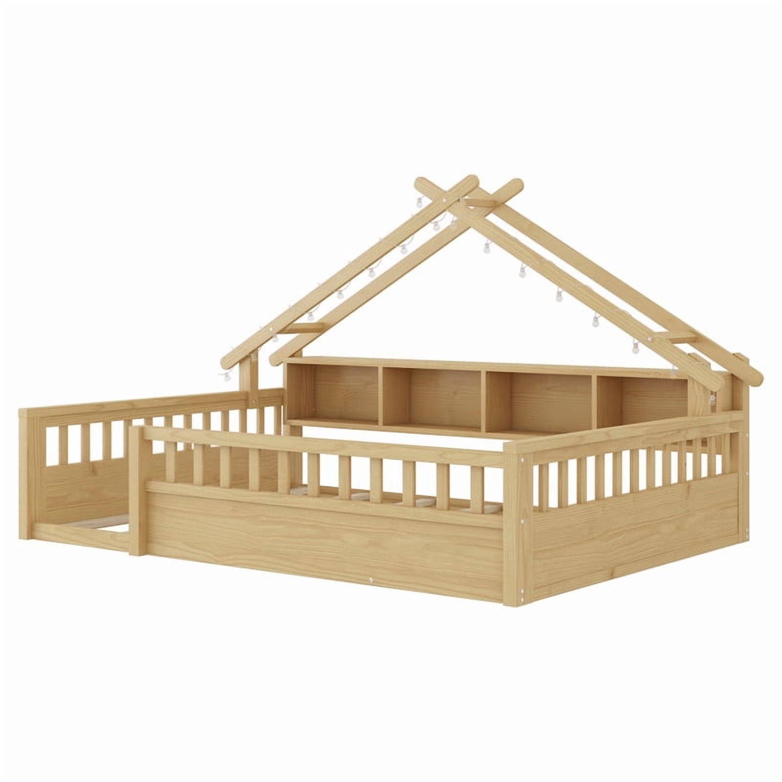Mirightone Full Floor Bed with High Rails, Montessori Bed Full with LED Light and Roof Shape, Wood House Bed Frame with Storage Bookshelves, Natural