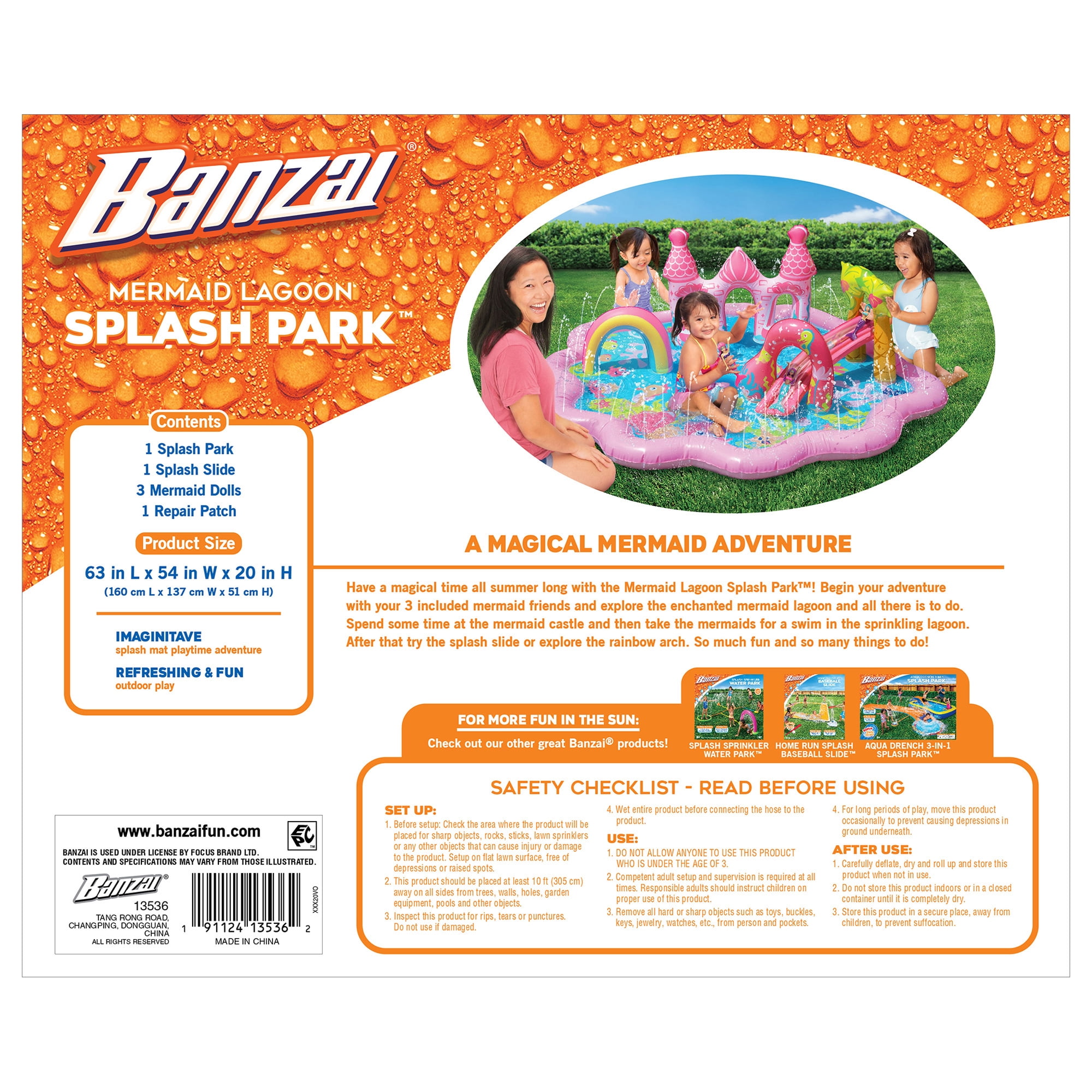 Banzai Mermaid Lagoon Inflatable Splash Park with 3 Mermaid Dolls for Ages 3+