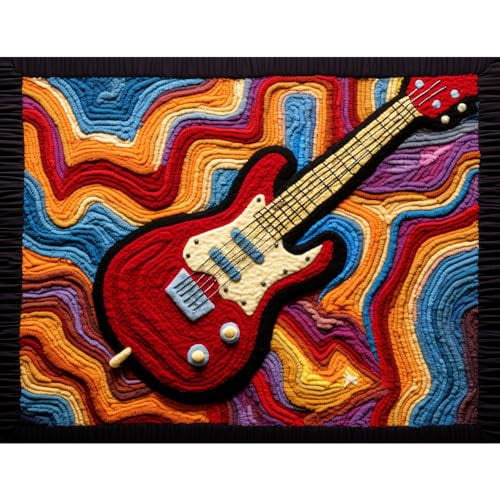 Guitar Latch Hook Rectangle Rug Kits for Adults Needle Crochet Yarn Embroidery Carpet Hook and Latch Kit Floor Mat Tapestry Christmas Home Decoration 52x38cm