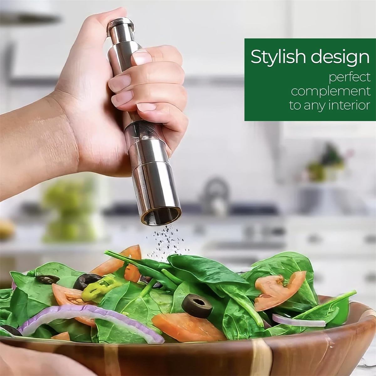 Salt and Pepper Grinder 1 Pack,Refillable One-Handed Pepper Grinder Mill,Manual Push Button Pepper Mill,Stainless Steel Mill Grinder for Spices,Modern Design Grinder for Sea Salt