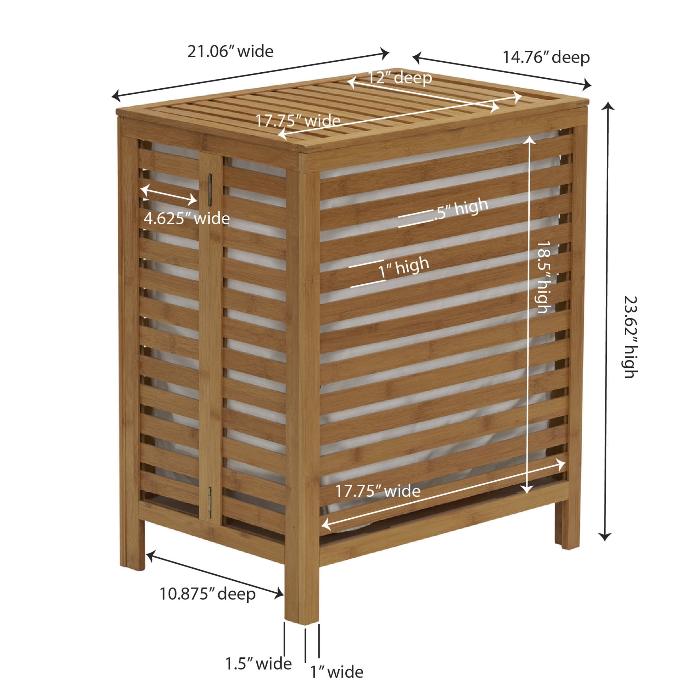 Household Essentials Bamboo Laundry Hamper, Slated Hamper with Natural Cotton Bag, Removable Bag and Foldable Frame, Chic and Environmentally Friendly
