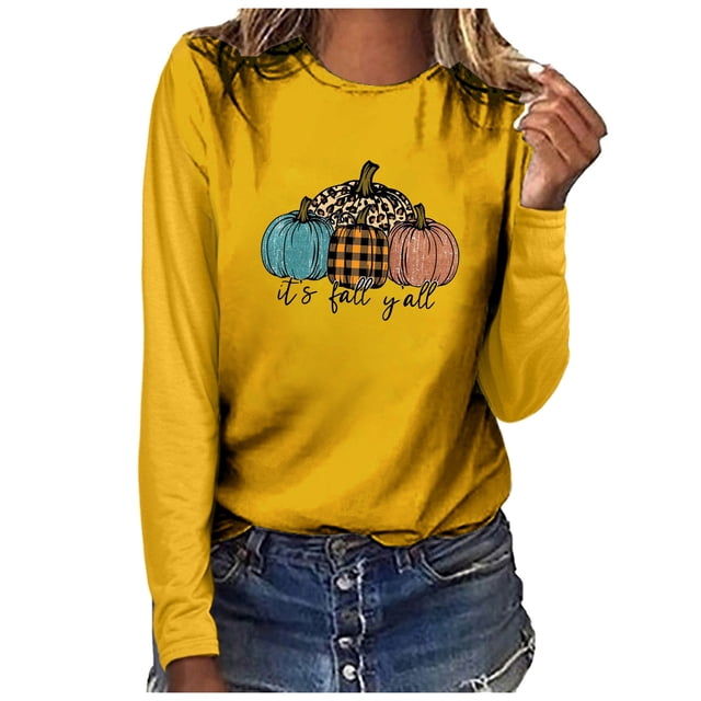 Staron Chemises à Manches Longues pour Femmes Mode d'Automne It's Fall Yall Tuniques Hauts Col Rond T-Shirt Graphique Citrouille Chic Décontracté Mignon Travail T-Shirts Hauts Cadeaux à Moins de 10 Dollars pour Femmes