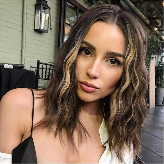 Aorsher 14 Inch Short Wavy Small Area Lace Wig for Women Synthetic Curly Middle Part Wigs Natural Looking Heat Resistant Hair Piece Wig for Daily Party Use Brown Mix Blonde