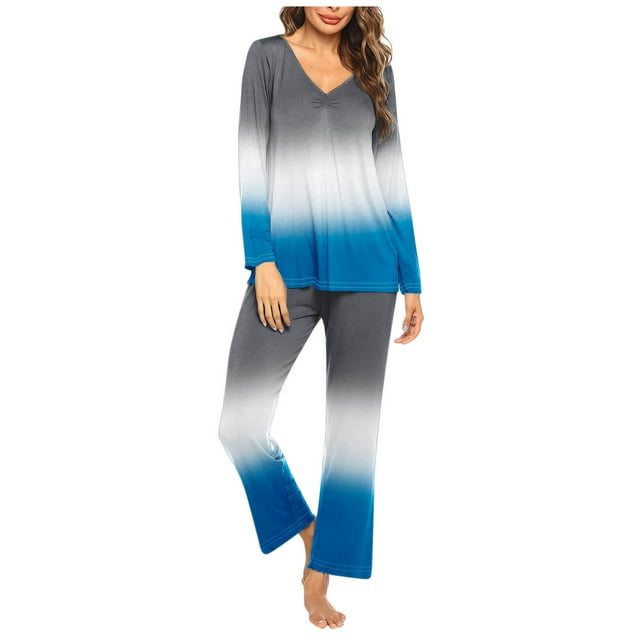 Timegard Ensembles de Pyjamas pour Femmes 2 Pcs Confortables Couleur Dégradée Manches Longues Col en V Haut et Pantalon Tenues de Pyjamas