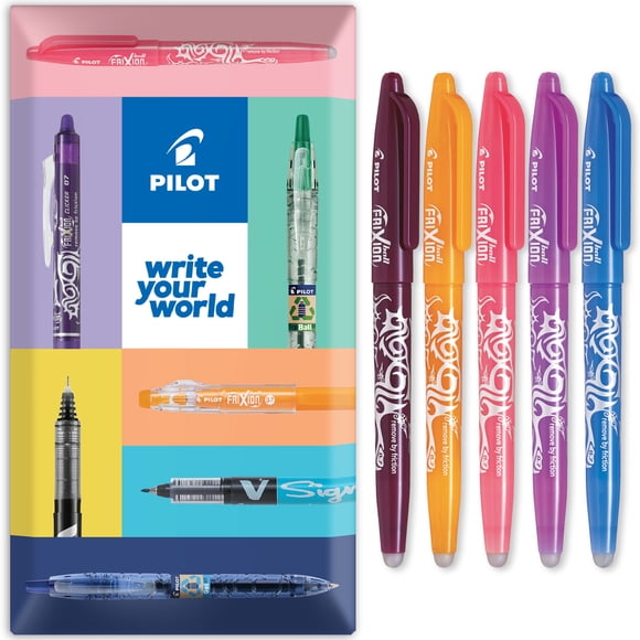 Pilot Frixion Erasable Rollerball Pen FR7 - Pack of 5 - Wine Red, Coral, Apricot, Purple, Sky Blue