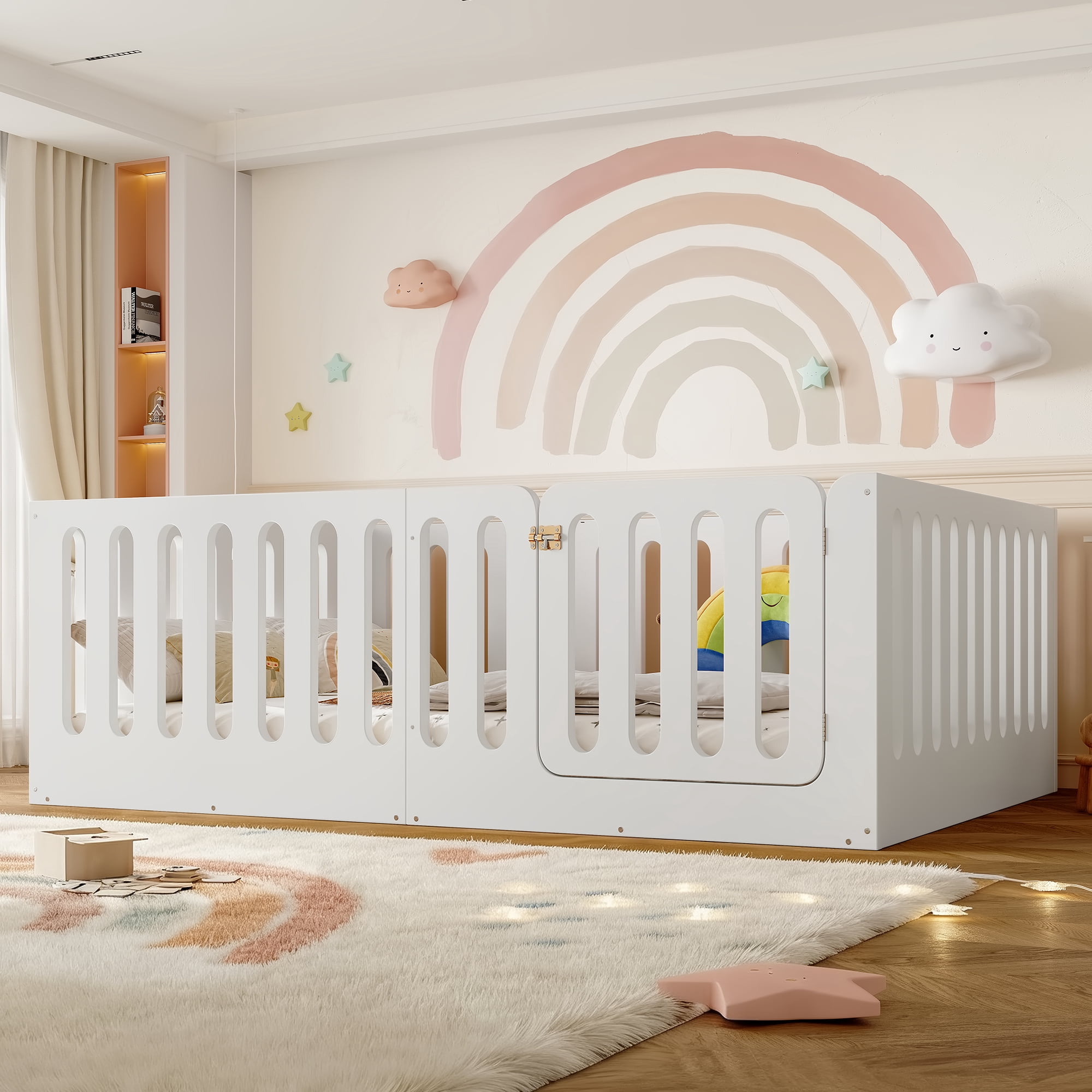 Full Size Floor Bed with High Fence for Kids, Solid Wood Kids Montessori Bed with Door, low-profile and No Box Spring Needed Design, White.(Patent Protection)