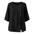 thumbnail image 7 of Mifsaly Vacation Tops for Women Button Down Short Sleeve Linen Shirts with Drawstring Hem Lightweight Flowy Loose Fit Textured Summer Boho Clothes Black,S, 7 of 7