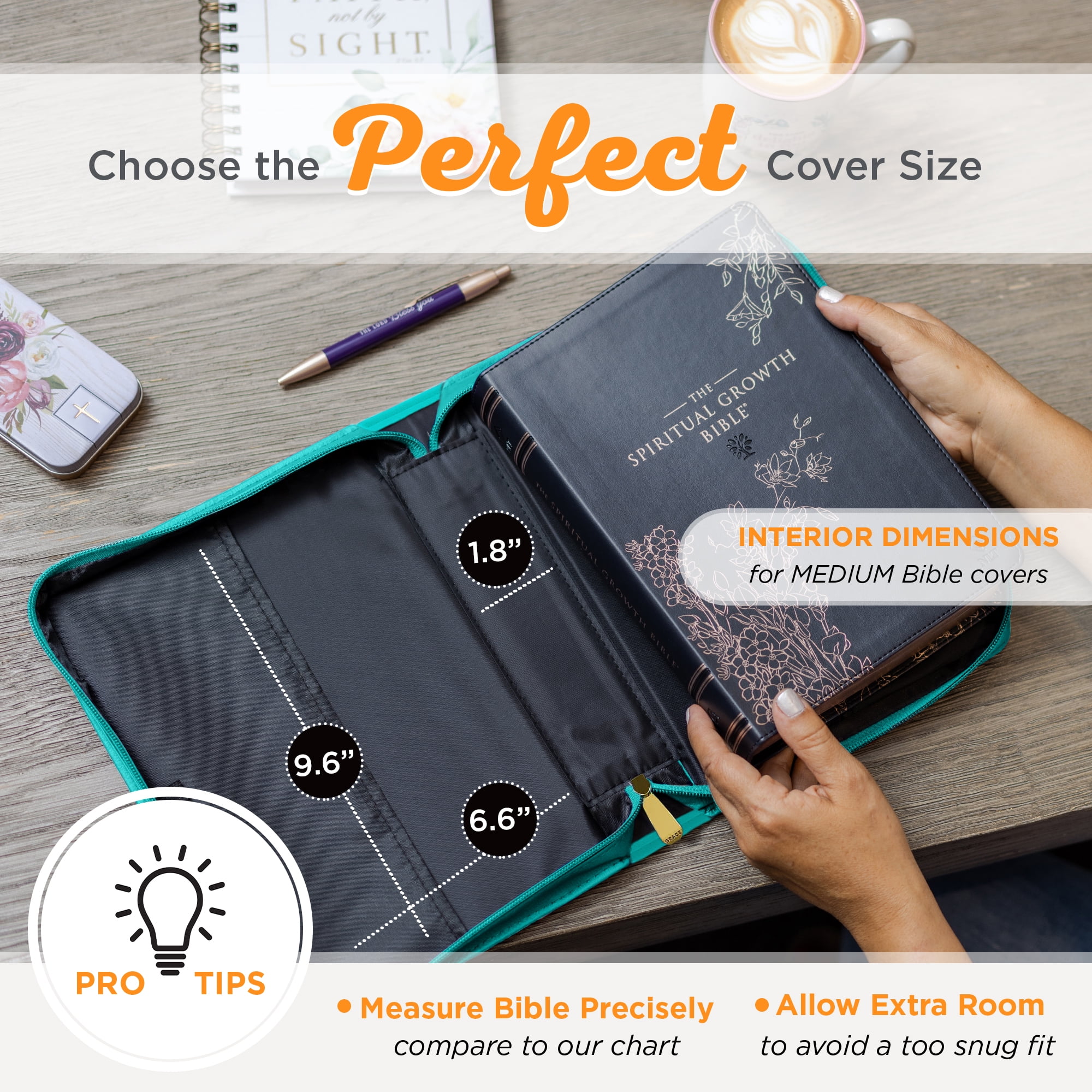 Christian Art Gifts Protective Teal Flower Faux Leather Bible Cover Carry Case with Handle for Women: Amazing Grace - Inspirational Song and Hymn Zippered with Pocket, Medium