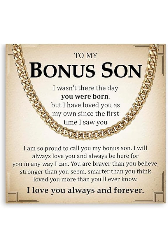 Chain Necklace for Bonus Son from Bonus Mom, Cuban Link Chain for Stepson from Stepdad, Birthday Gift for Step Son With Message Card and LED Box