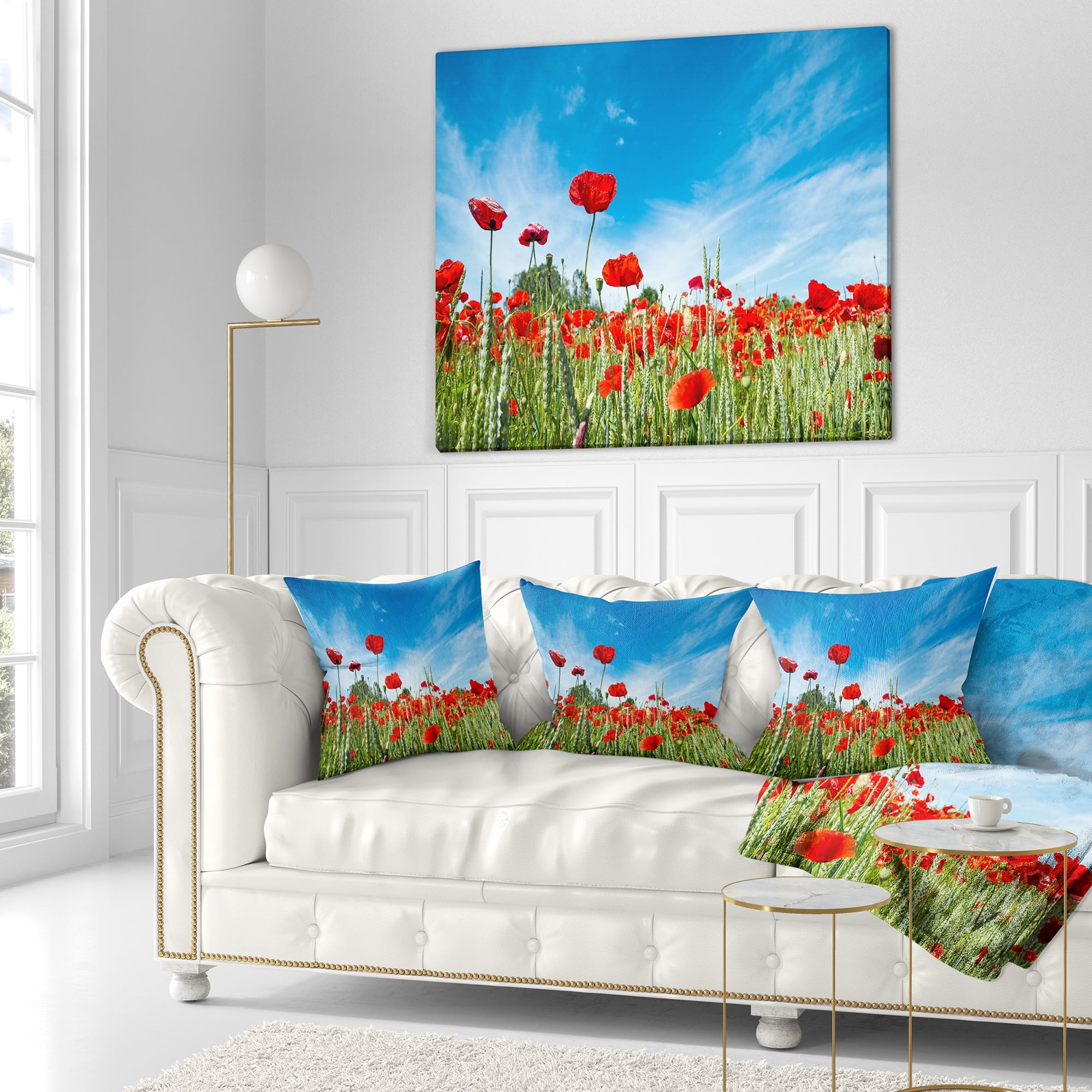 Designart Red Poppy Garden under Clear Sky - Floral Throw Pillow - 16x16