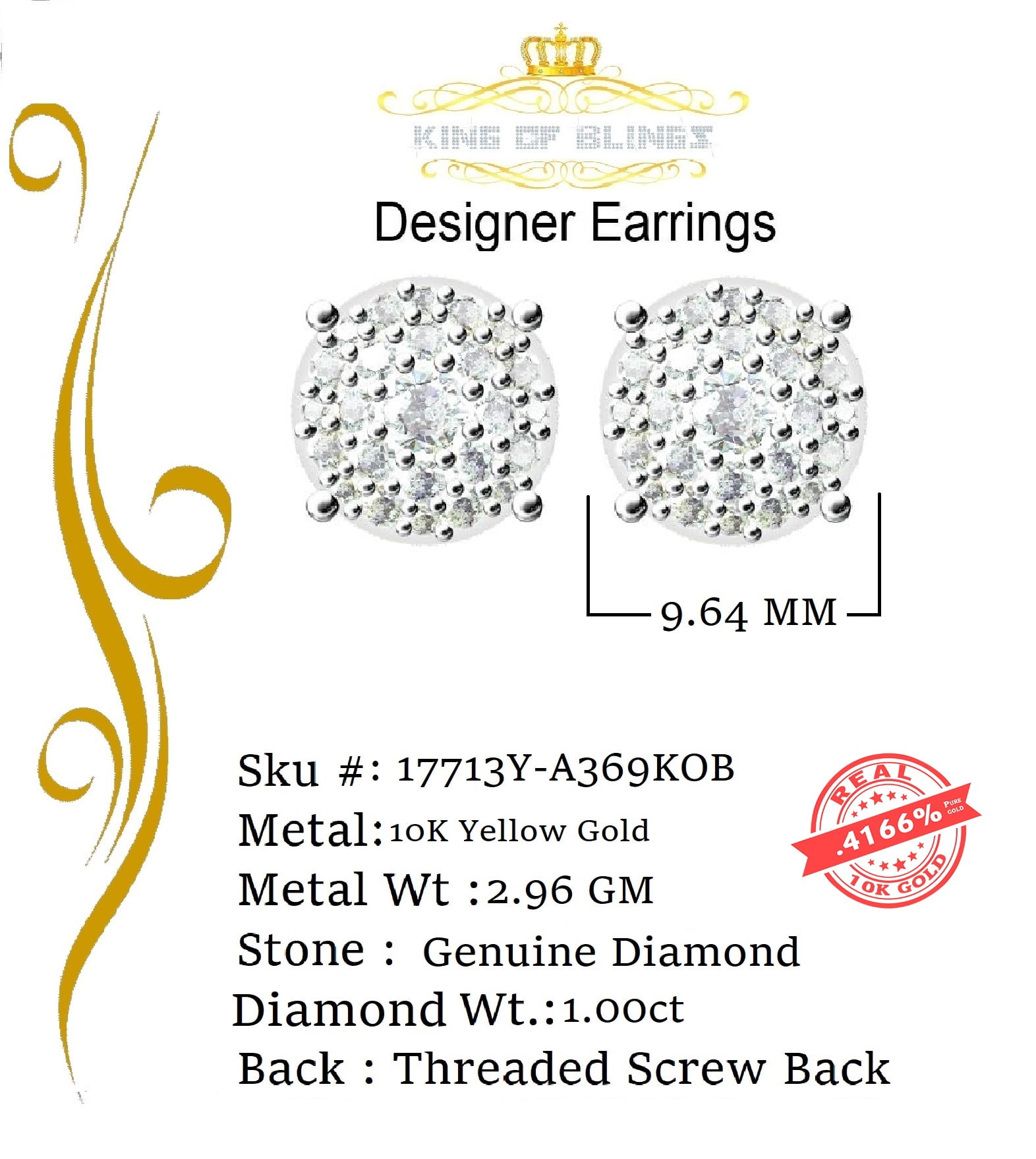 King of Bling's 10K Real Yellow Gold with 1.00CT Real Diamond Men's/Women's Stud Round Earrings