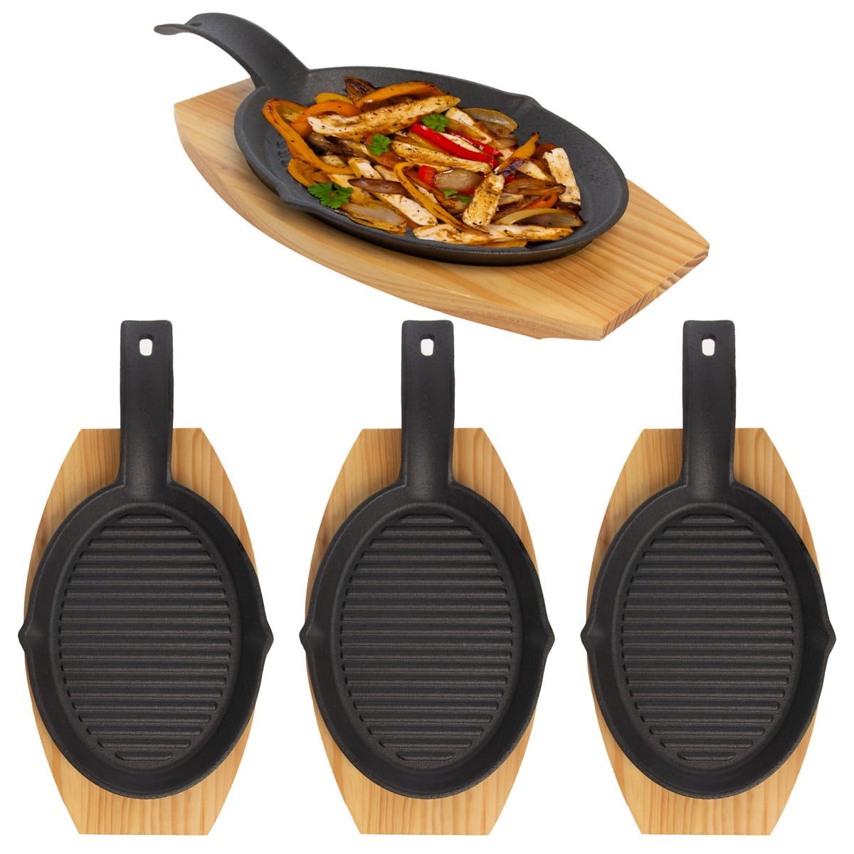 Mr. Bar-BQ Cast Iron Fajita Skillet Set | Sizzling Plate with Wooden Base  and Cloth Handles | Impress your Dinner Guests with an Authentic Fajita  Meal