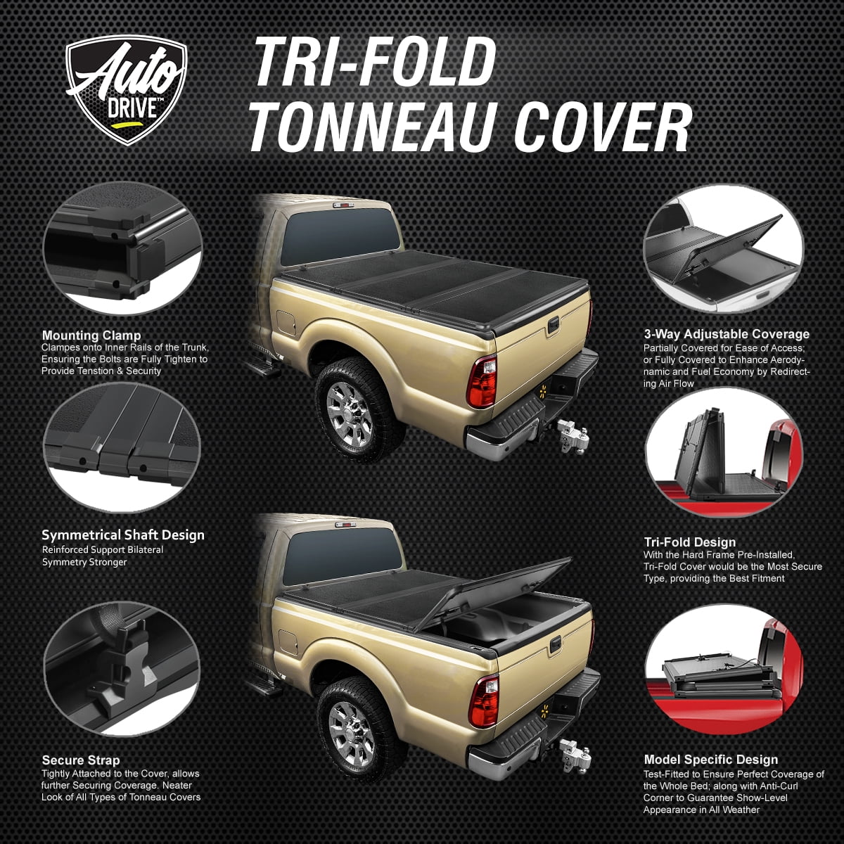 Auto Drive WMT-TRIHARD-055 Hard Folding Truck Tonneau Cover, Black, Heavy-Duty 6.5Ft Bed L 78 in x W 30 in, 1 Pieces